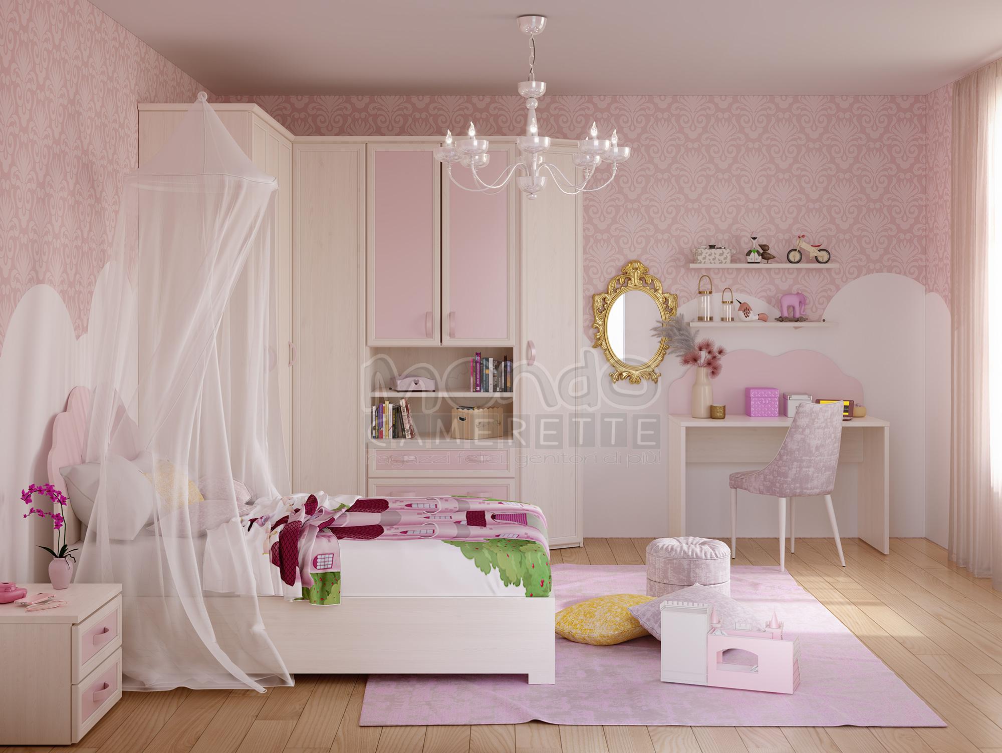 Cameretta con letto a una piazza e mezza con baldacchino. Ampia armadiatura con cabina armadio. Scrivania con cimasa in abbinamento con la testiera del letto e mensole a muro. PRINCIPESSA (C – 07) - Mondo Camerette