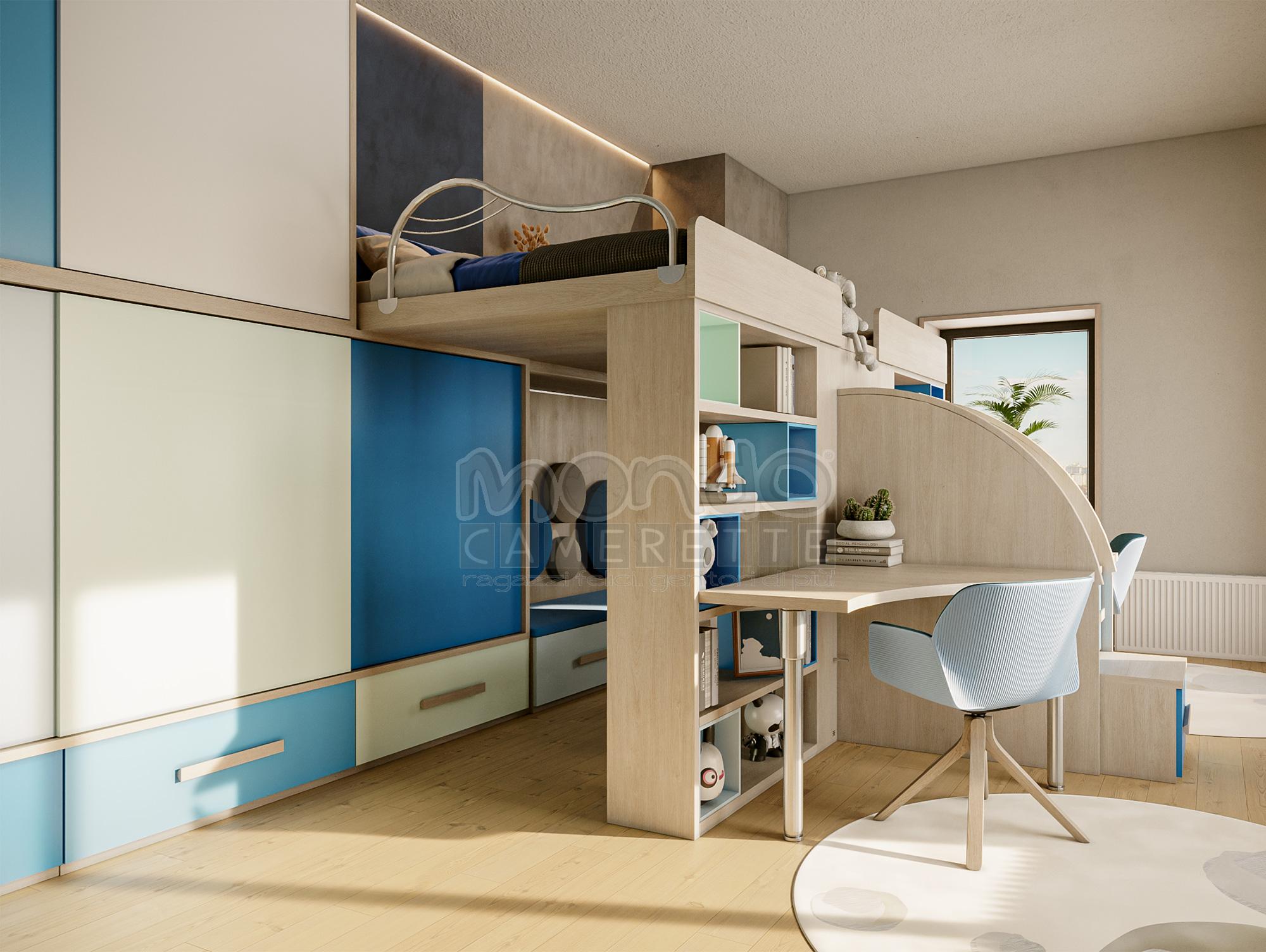 Doppio Soppalco ad angolo con letti da una piazza e mezza, con armadio scorrevole e doppia scrivania sagomata Harmony Room (A – 02) -2 Mondo Camerette