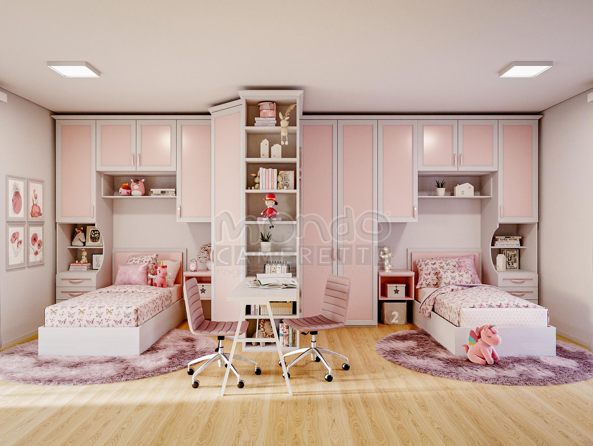 Cameretta con doppio letto singolo. Armadiature con cabina asimmetrica e libreria terminale. Scrivania a due postazioni in appoggio. Enchanted Oasis (A – 07) -2 Mondo Camerette