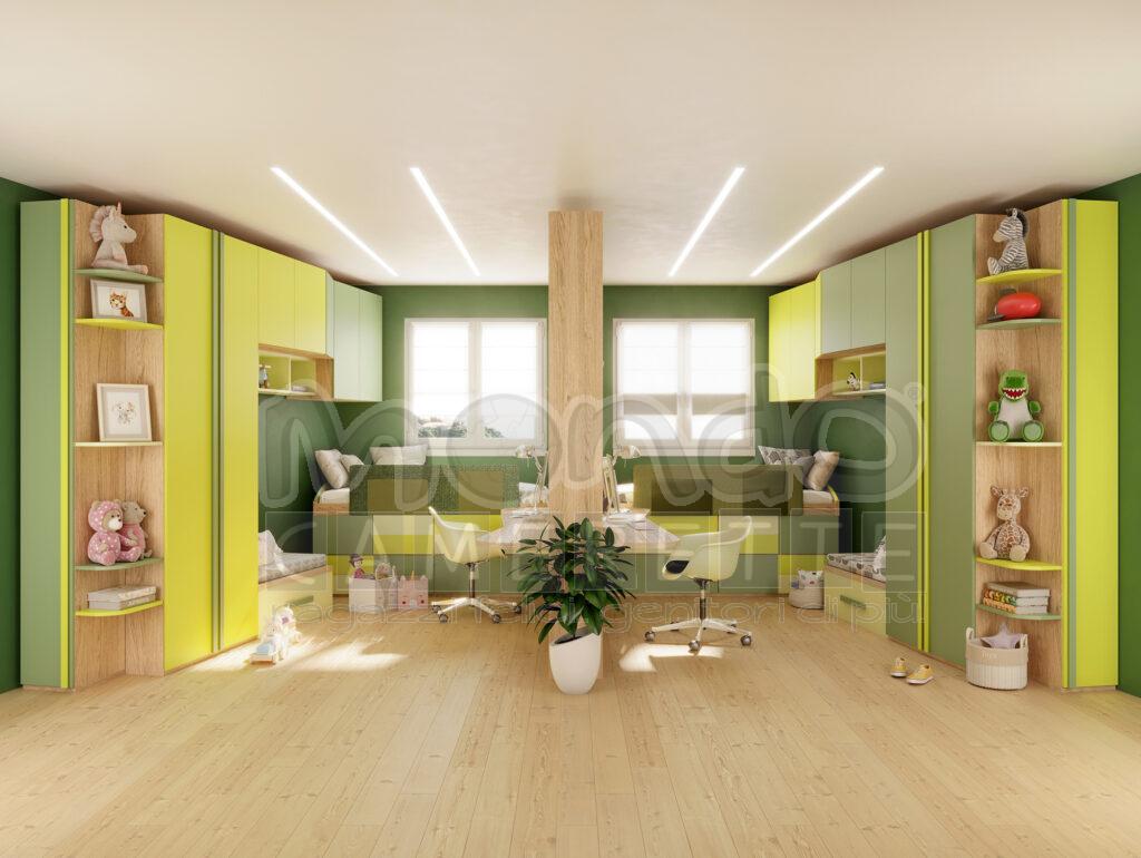 Cameretta speculare con soppalco basso attrezzato con cassetti inferiori. Doppi armadi, con pensili a muro e terminale scarpiera. Zona studio centrale con doppia scrivania e ponte libreria passante. Green Bridge (B – 02) -2 Mondo Camerette