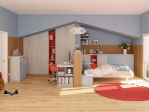 Armadio su misura per mansarda cliente. Mobile basso e letto singolo. Scrivania con libreria sostegno. Mansarda Special (B – 04) -2 Mondo Camerette
