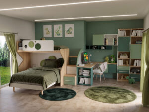 Cameretta con letti a castello con scala laterale per il letto superiore e letto inferiore da una piazza e mezza. Zona armadio angolare con modulo porta tv. Zona studio con scrivania angolare e libreria. - In the Jungle (B – 06) -2 Mondo Camerette