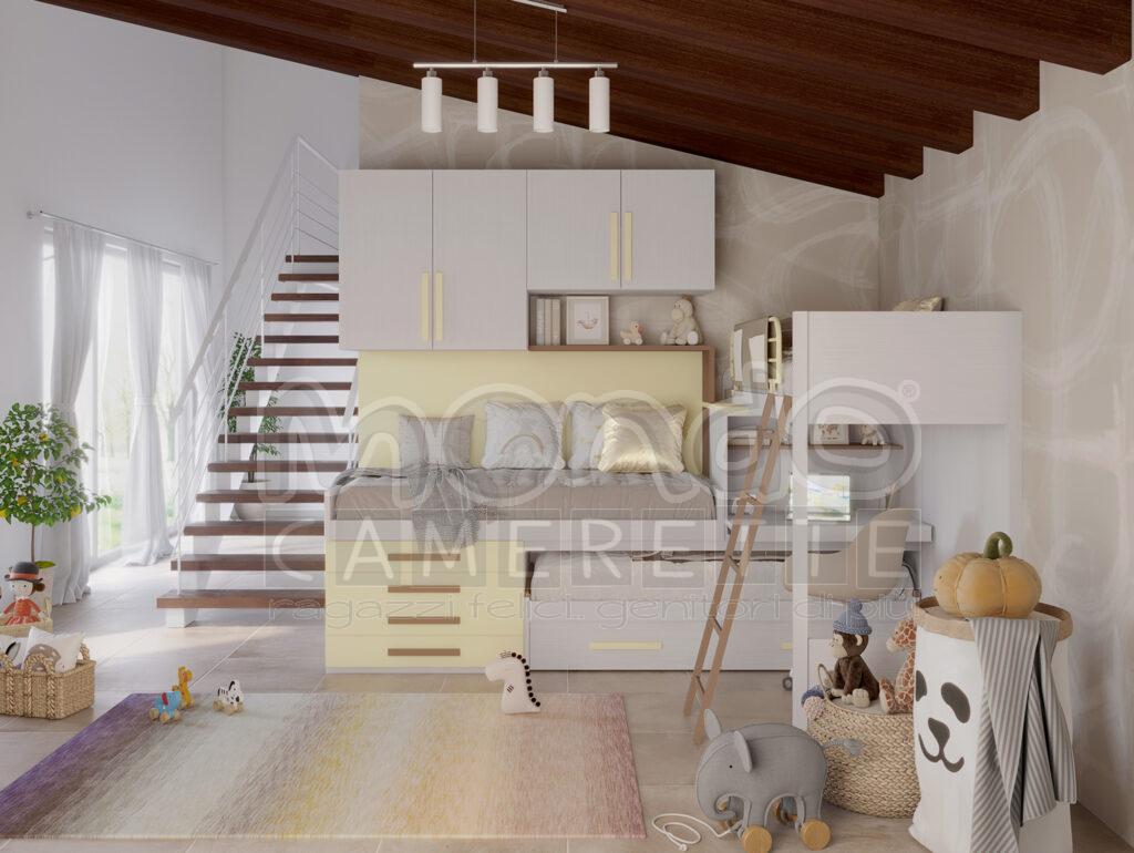 Cameretta con struttura articolata a castello e letto semi elevato. Contiene tre letti singoli e uno estraibile. - Special (B – 20) - 2 Mondo Camerette