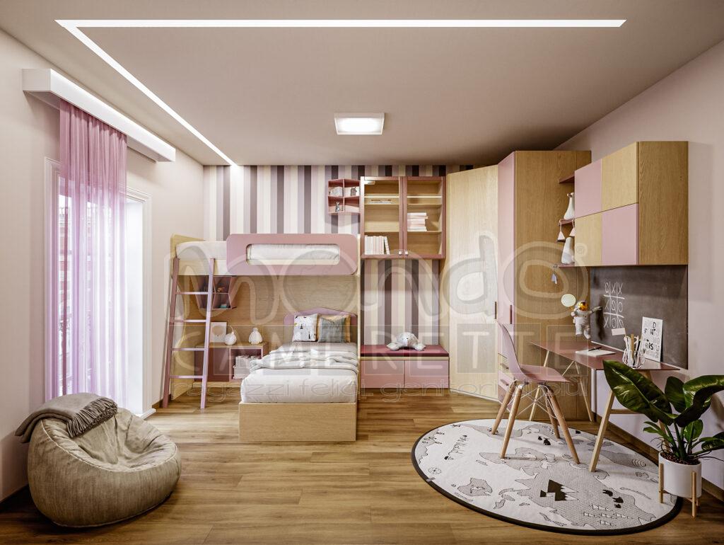 Cameretta con letto a castello con letto singolo contenitore al di sotto, con cabina angolare, scrivania in vetro temperato e panca con cuscini Violet Room (A – 17) - -1 Mondo Camerette
